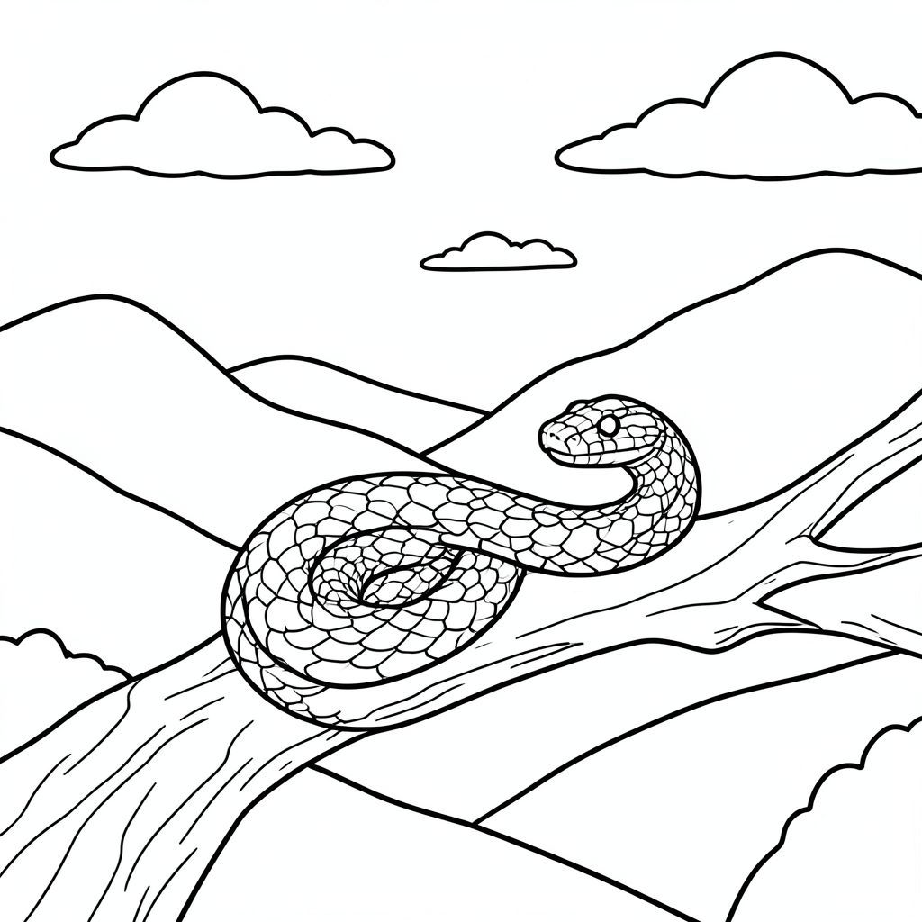 Một con rắn đầy đủ trên cành cây, những ngọn đồi và bầu trời trên nền