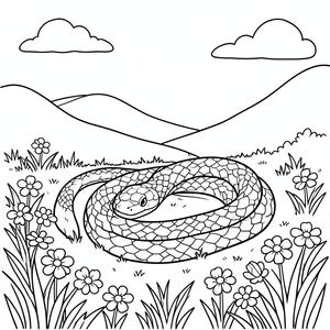 một con rắn đầy đủ nhìn xuống mặt đất đầy cỏ và hoa, đồi và bầu trời trên nền