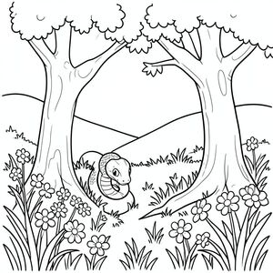 Một con rắn trên cây nhìn xuống mặt đất đầy cỏ và hoa, đồi và bầu trời trên nền