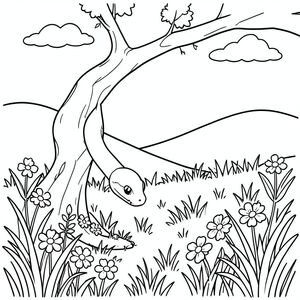 rắn quấn quanh cành cây, nhìn xuống mặt đất đầy cỏ, cỏ và hoa, đồi và bầu trời trên nền