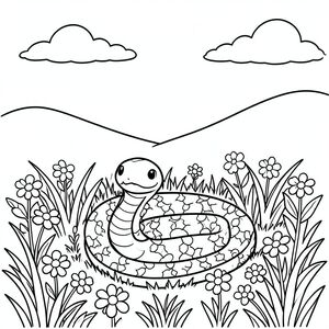 Rắn ngồi trên mặt đất đầy cỏ và hoa, đồi và trời sau lưng con rắn
