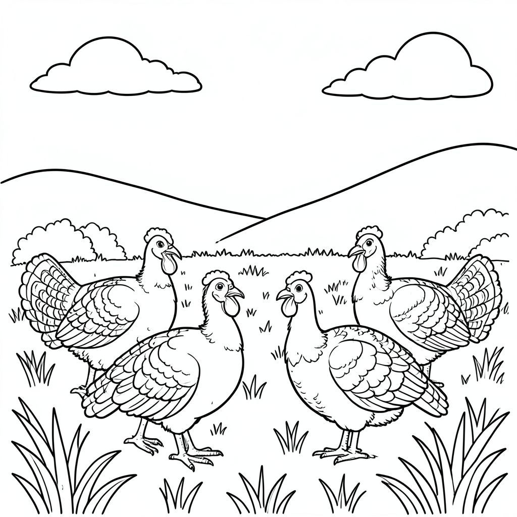 Multiple turkeys on the farmer field, hill and sky on the back ground 