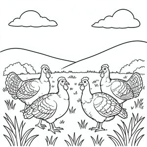 Multiple turkeys on the farmer field, hill and sky on the back ground 