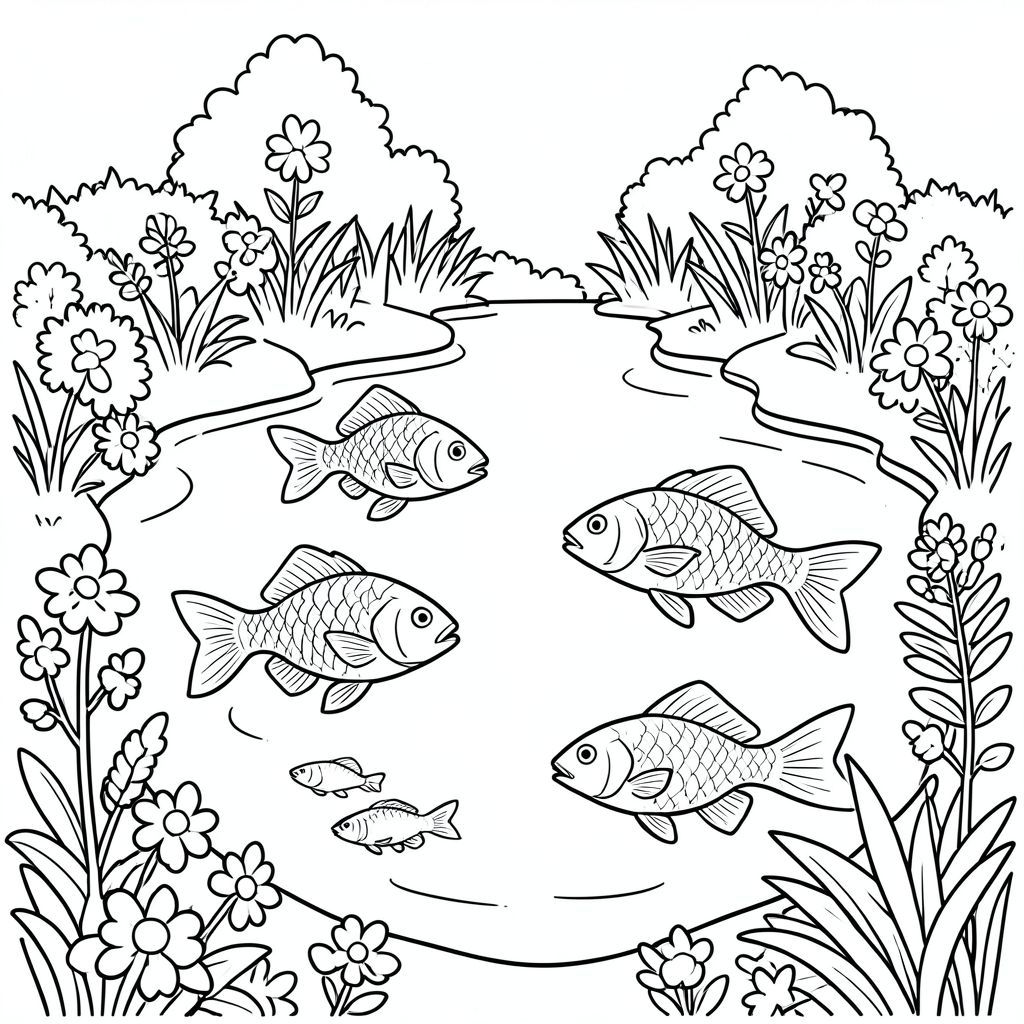 Multiple fishes in a pond surrounded by gardens 