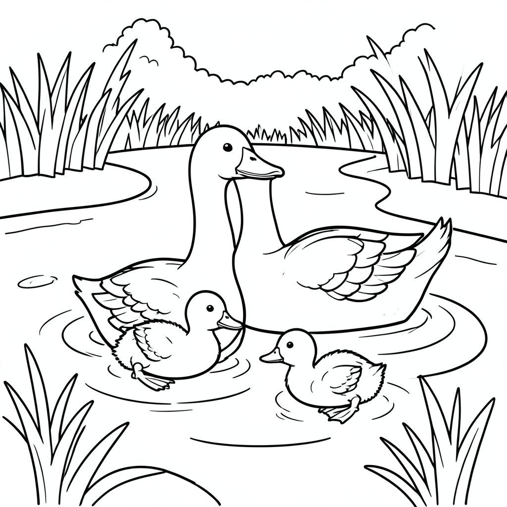 A mother duck and baby ducks swimming in a pond 