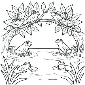 Nhiều con ếch ngồi trên lá cây trôi nổi trong ao