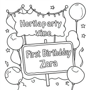 Birthday party vibes with a birthday sign somewhere saying “Happy First Birthday Zara” 