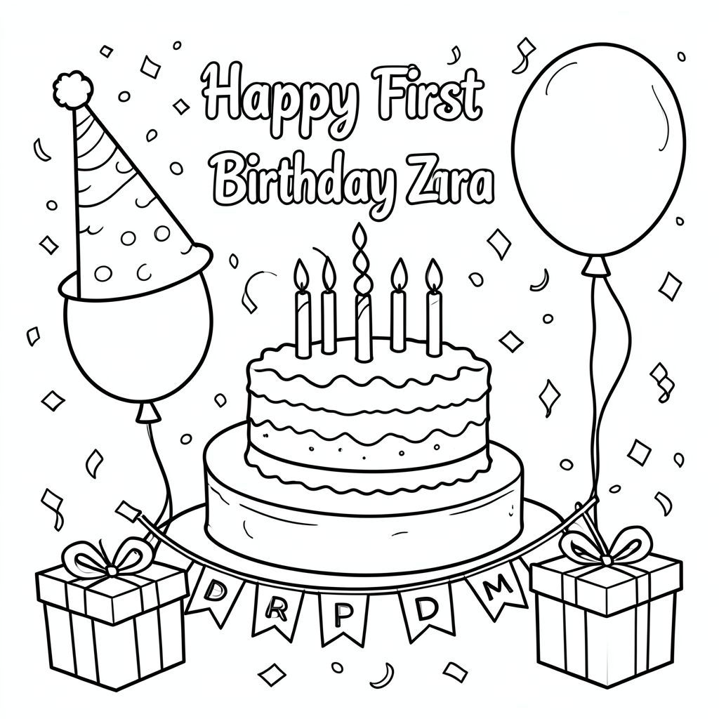 Birthday hats, birthday cake, birthday balloon, confetti, gifts and a birthday banner. Have a sign that says “Happy First Birthday Zara”
