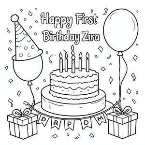 Birthday hats, birthday cake, birthday balloon, confetti, gifts and a birthday banner. Have a sign that says “Happy First Birthday Zara”