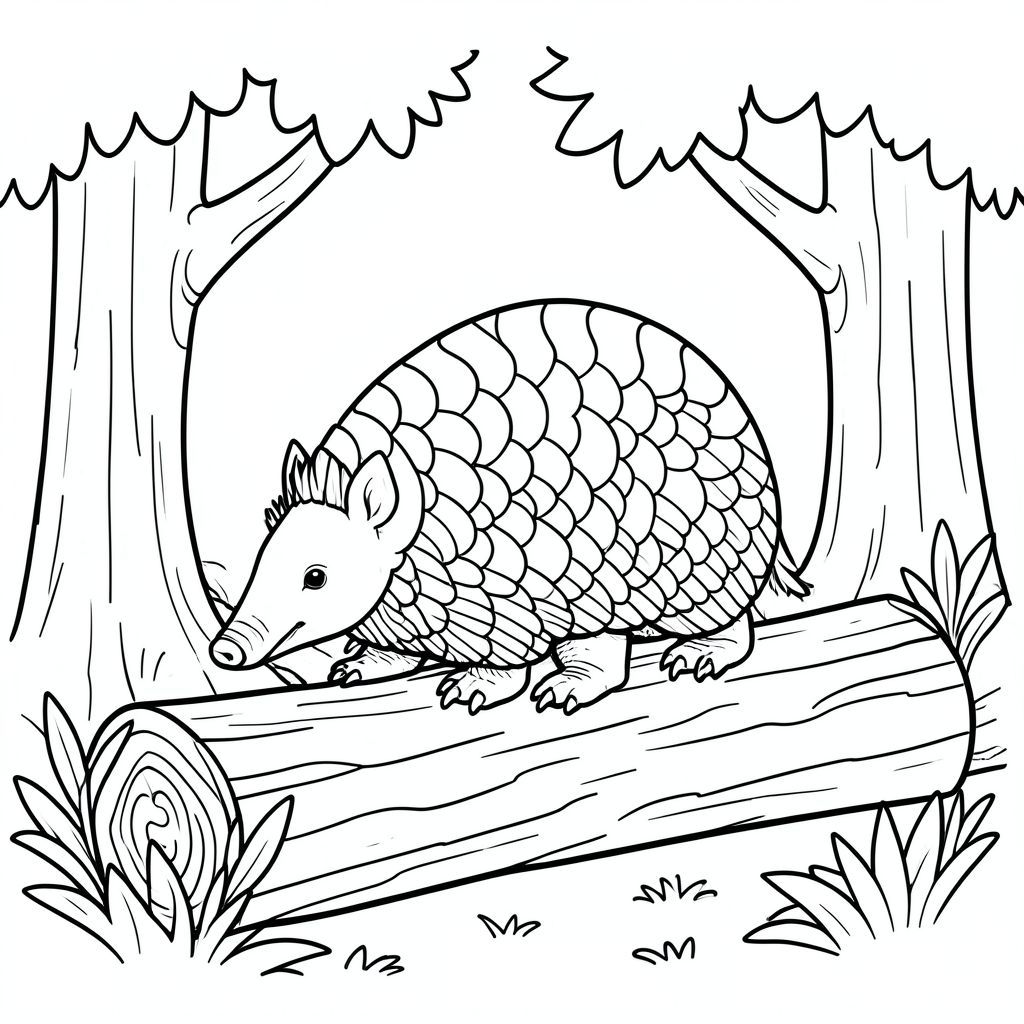 A pangolin with full skin sitting on log surrounded by tree