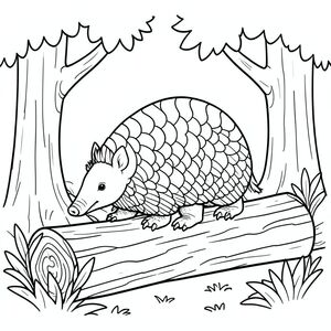 A pangolin with full skin sitting on log surrounded by tree