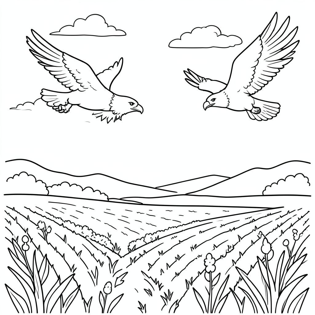 Đại bàng bay trên bầu trời, cánh đồng nông dân bên dưới 