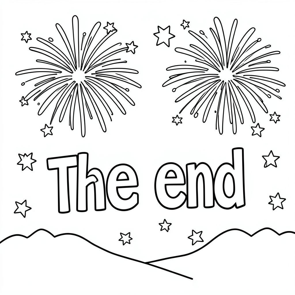 Kết thúc, các ngôi sao và pháo hoa ở hậu cảnh 