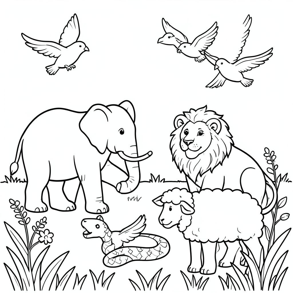 Voi, sư tử, rắn, cừu và chim bay trên cánh đồng