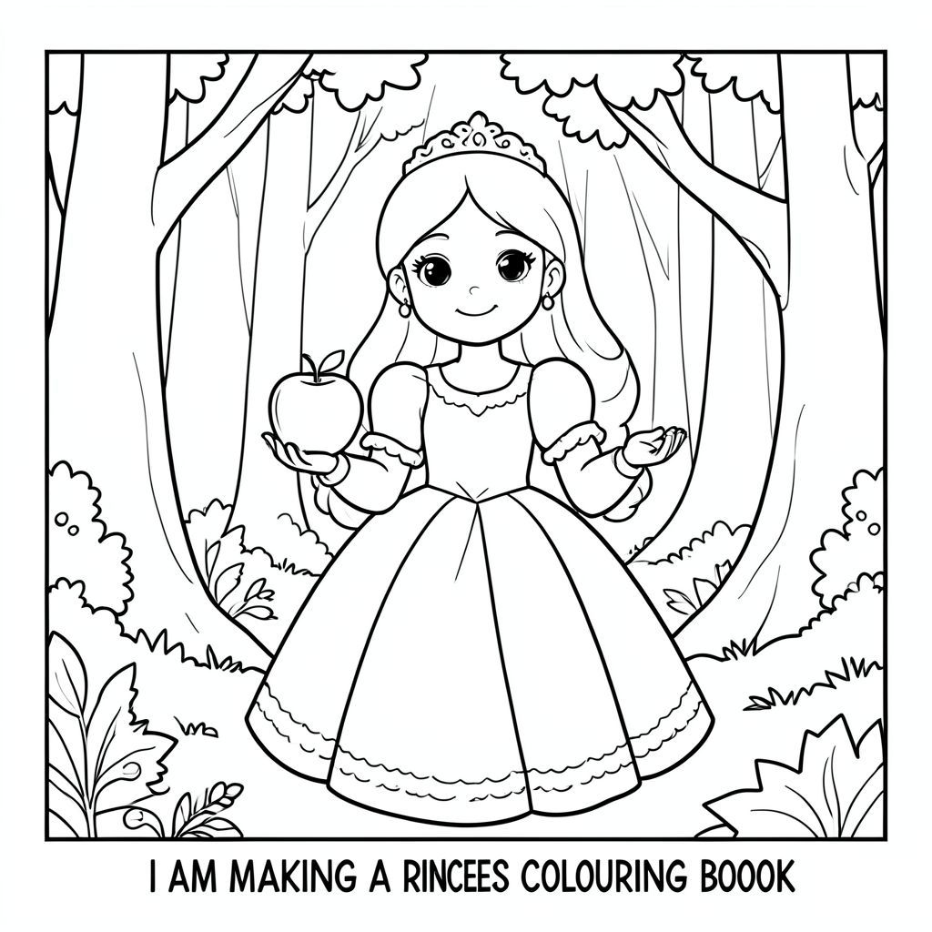 TẠO RA MỘT HÌNH ẢNH CÔNG CHÚA CỦA BẠCH TUYẾT VỚI MỘT QUẢ TÁO TRÊN TAY, TRONG RỪNG TÔI ĐANG LÀM MỘT CUỐN SÁCH TÔ MÀU CÔNG CHÚA