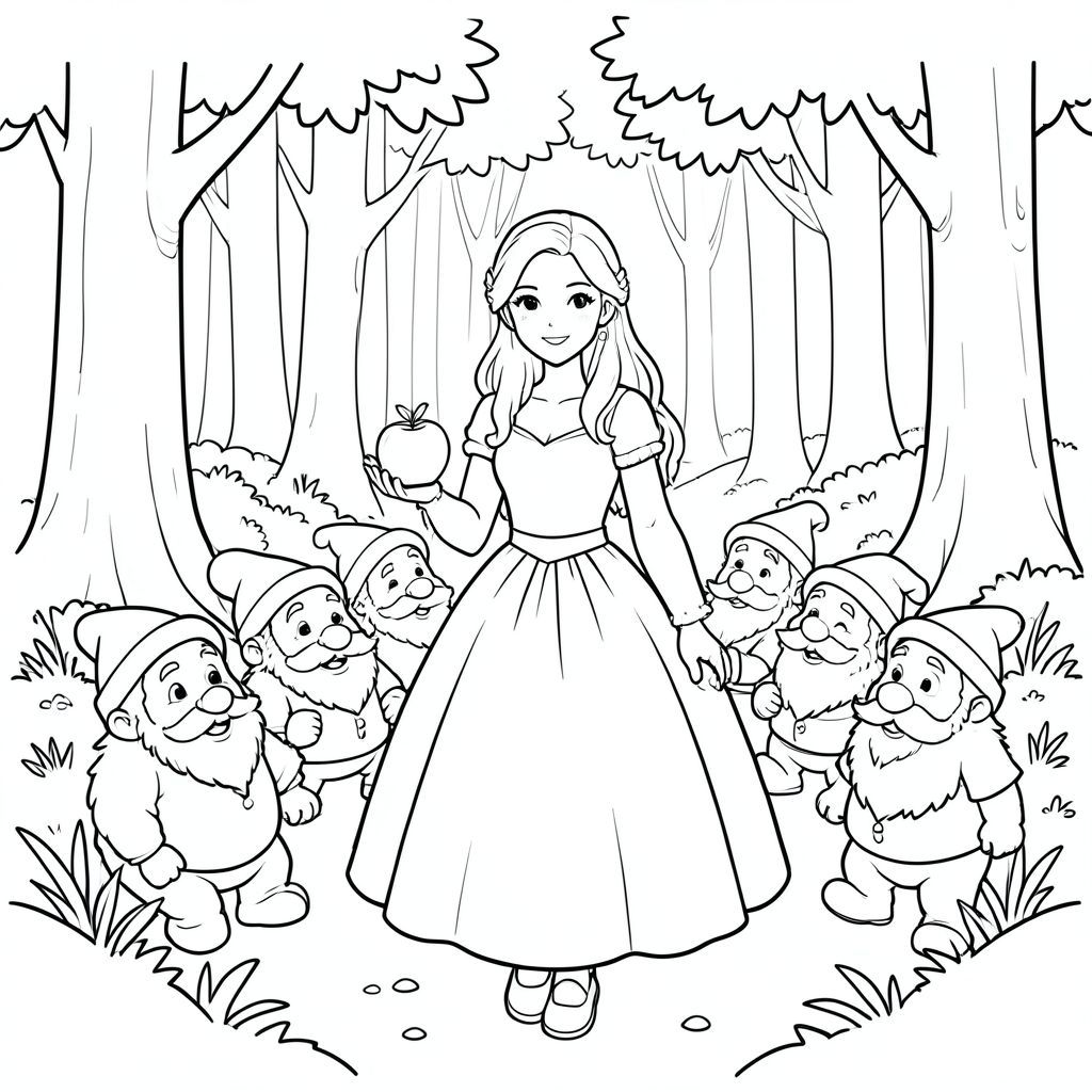 TẠO RA MỘT HÌNH ẢNH CHÂN THỰC CỦA BẠCH TUYẾT VỚI MỘT QUẢ TÁO TRÊN TAY, TRONG RỪNG VỚI BẢY CHÚ LÙN