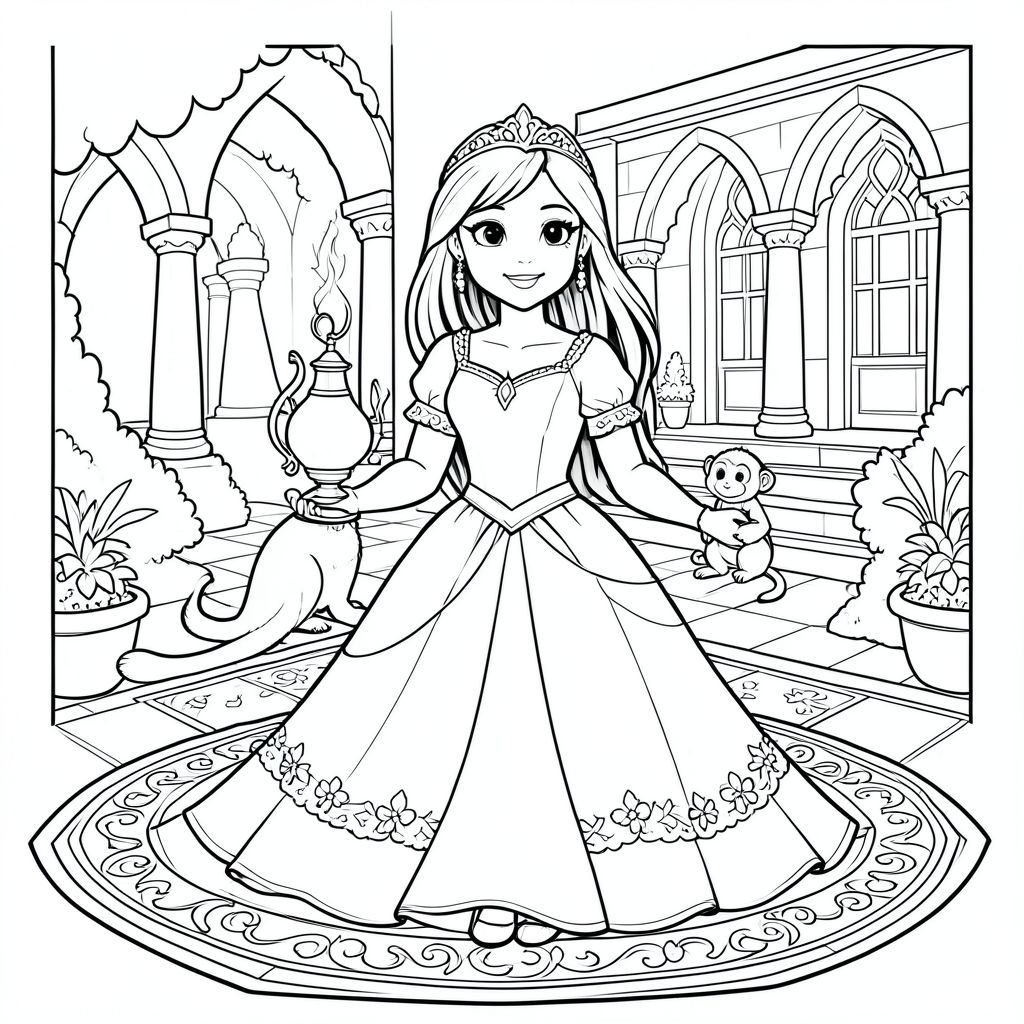 tạo ra một hình ảnh chân thực của công chúa Jasmine với hình ảnh địa điểm phía sau cô ấy và ngọn đèn trên tay cô ấy tấm thảm và con khỉ cải thiện hình ảnh cô ấy đẹp hơn tôi muốn nhiều hơn