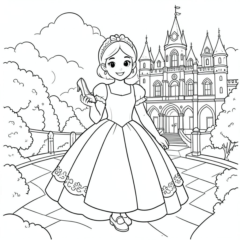 TẠO RA HÌNH ẢNH CÔ BÉ LỌ LEM MỘT MÌNH VỚI ĐÔI DÉP THỦY TINH TRÊN TAY TẠI VŨ HỘI BẠN HÌNH ẢNH CUNG ĐIỆN VÀ KHU VỰC XUNG QUANH CÔ ẤY