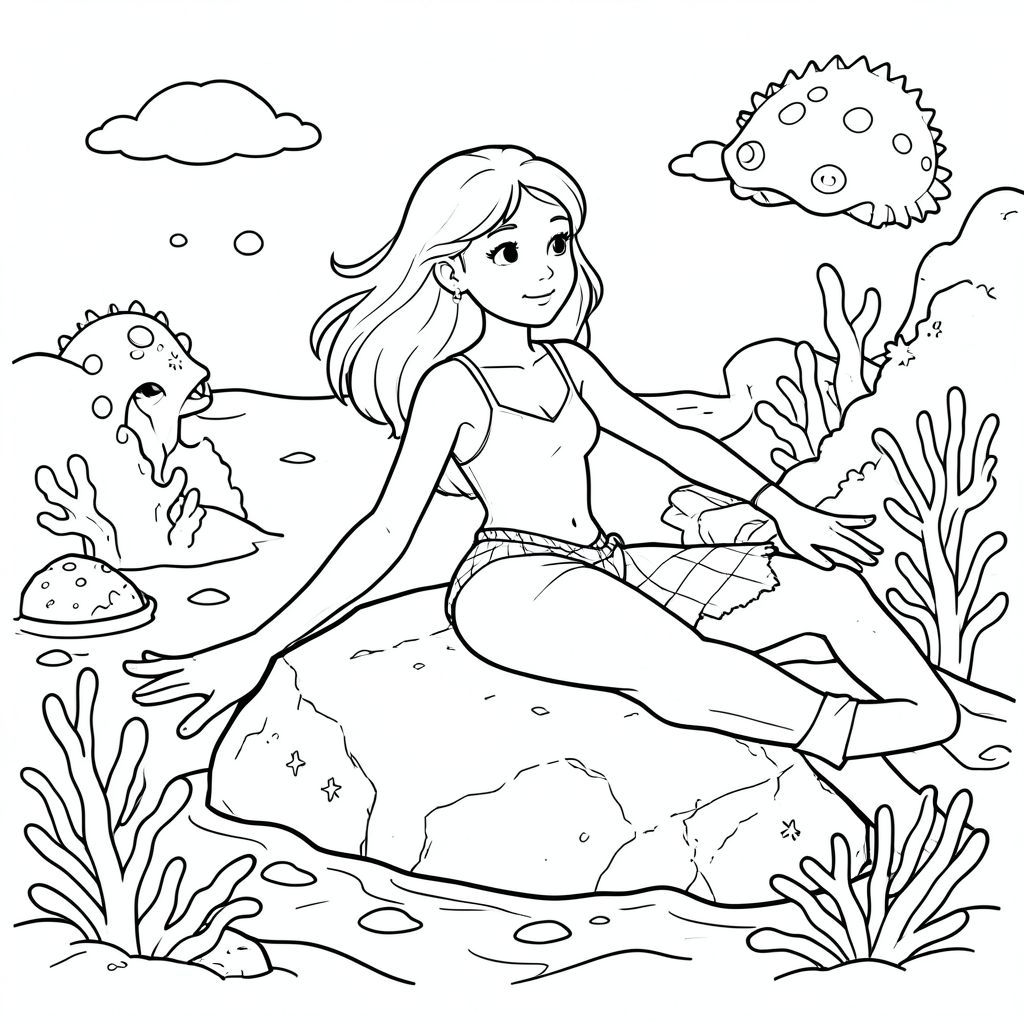 TẠO RA MỘT HÌNH ẢNH CHÂN THỰC CỦA ARIEL TRÊN BIỂN TRÊN MỘT TẢNG ĐÁ, VỚI SINH VẬT BIỂN Ở HẬU CẢNH