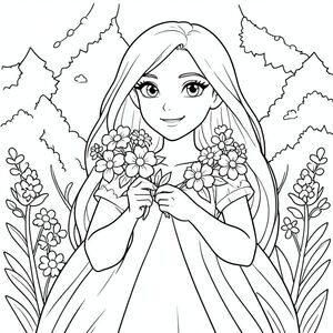 CREATE AN IMAGE OF THE DISNEY PRINCESS AURORA WITH A FLOWERS IN HER HANDS BE CREATIVE WITH THE IMAGE IMPROVE HER BACKGROUND