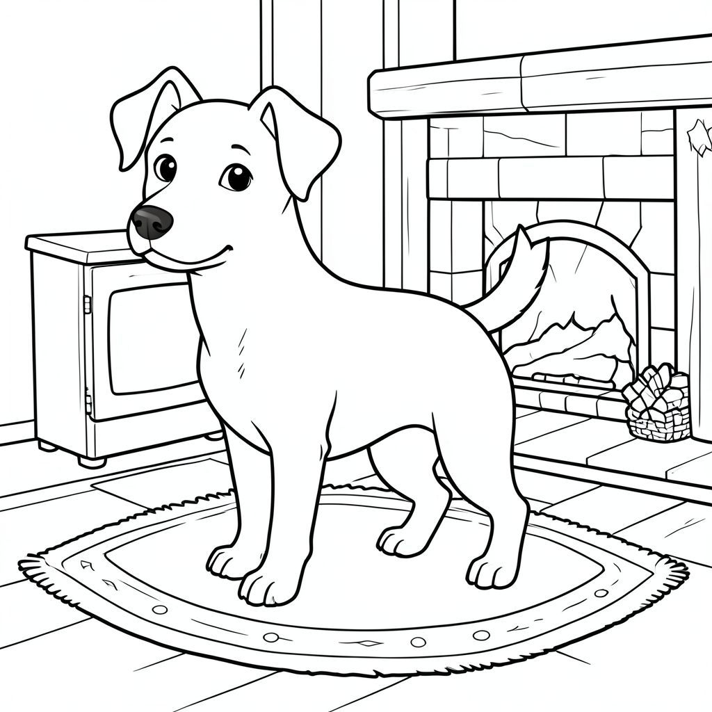 solo, single subject, one head, two eyes, two ears, four legs, one tail, natural proportions, proper scale in environment, anatomically correct, dog, fireplace, rug, wood, cozy, simple, clean, interior, muted, warm, soft, coloring page, line art, white background, solo, single subject, anatomically correct, perfect anatomy