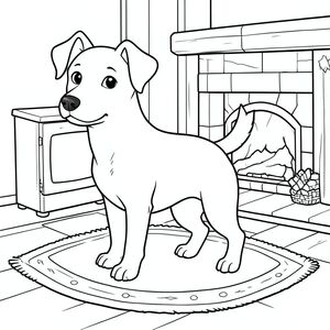 solo, single subject, one head, two eyes, two ears, four legs, one tail, natural proportions, proper scale in environment, anatomically correct, dog, fireplace, rug, wood, cozy, simple, clean, interior, muted, warm, soft, coloring page, line art, white background, solo, single subject, anatomically correct, perfect anatomy