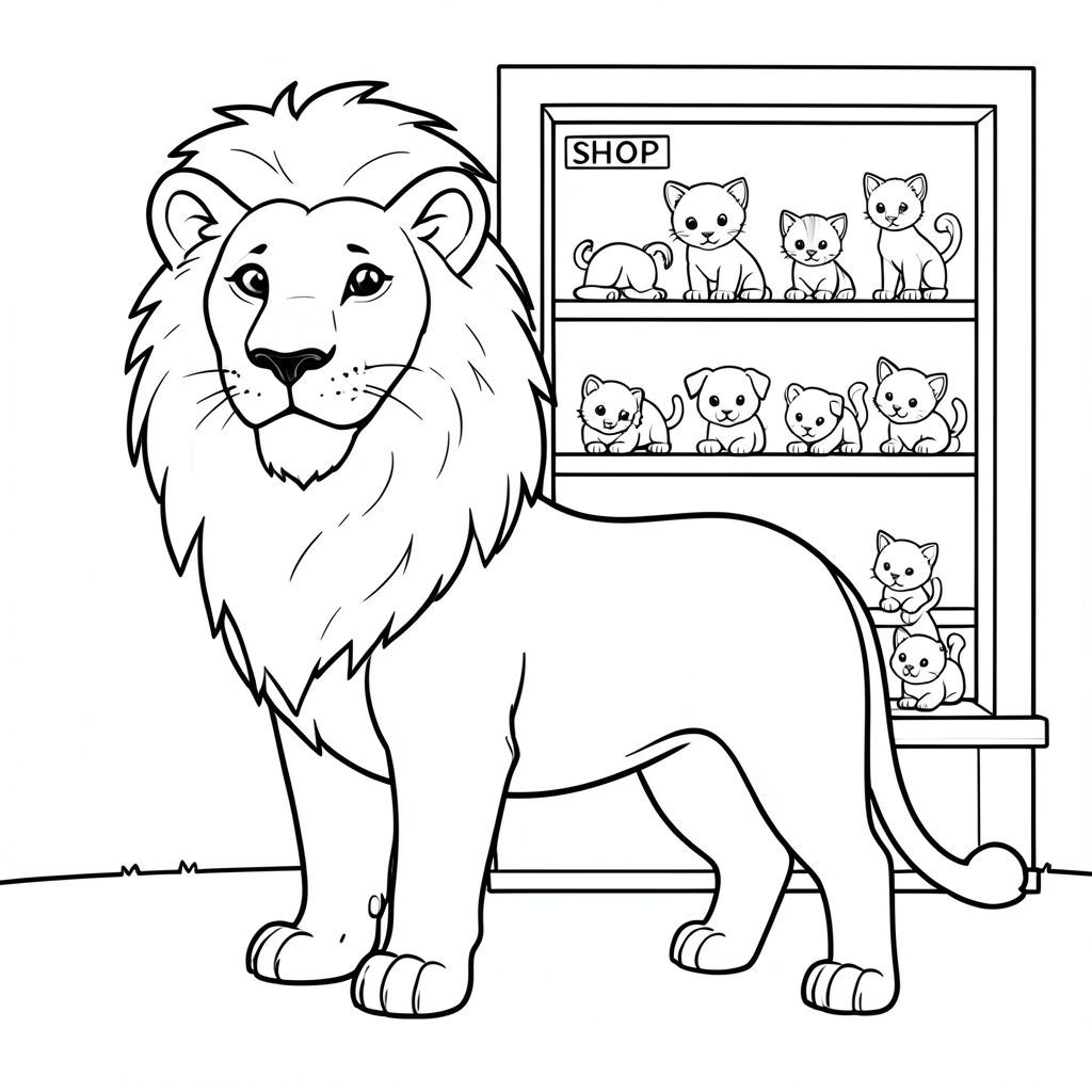 solo, single subject, one head, two eyes, two ears, four legs, one tail, natural proportions, proper scale in environment, anatomically correct, lion, Shop window, display, kittens, puppies, small, simple, clean, background, pure, storybook, coloring page, line art, white background, solo, single subject, anatomically correct, perfect anatomy