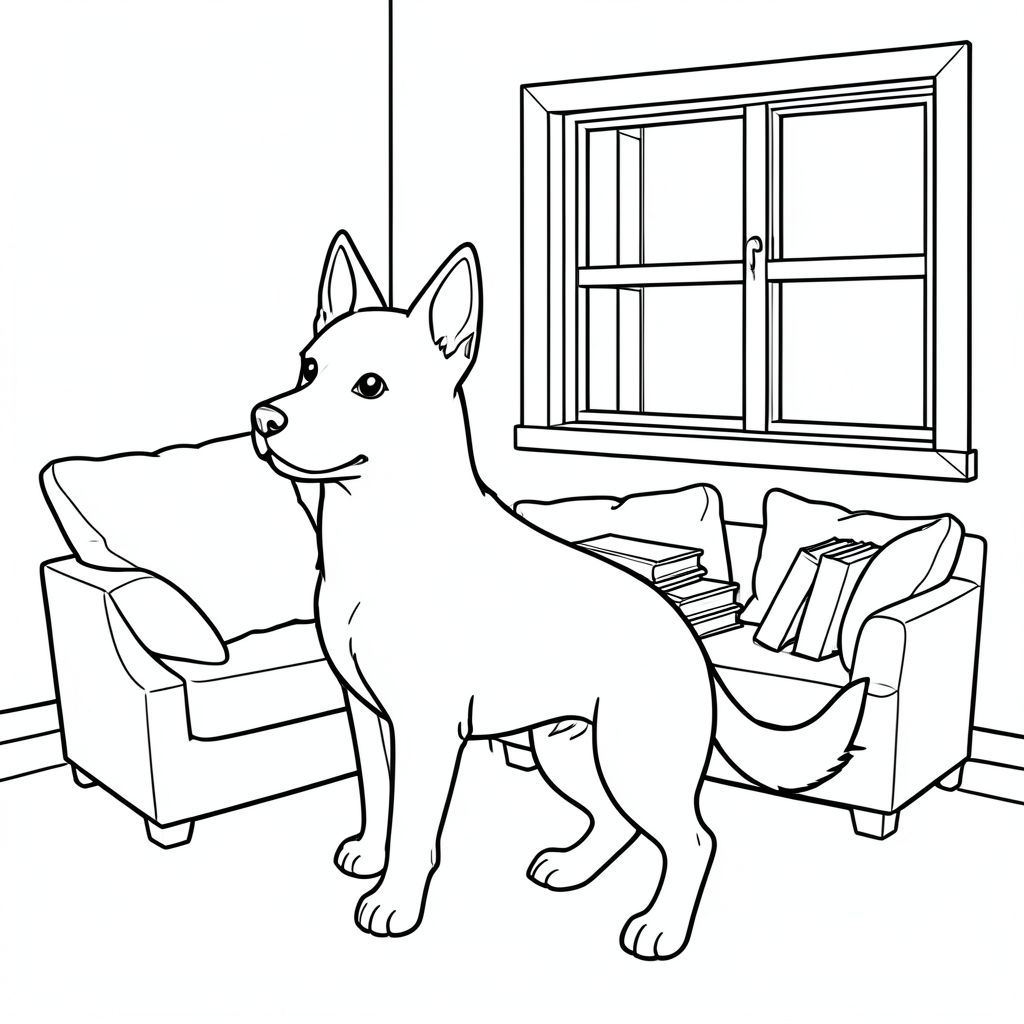 solo, single subject, one head, two eyes, two ears, four legs, one tail, natural proportions, proper scale in environment, anatomically correct, dog, window, cozy, reading nook, cushions, books, simple, clean, warm, interior, background, coloring page, line art, white background, solo, single subject, anatomically correct, perfect anatomy