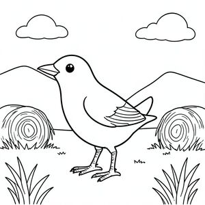 solo, single bird, one head, two eyes, one beak, two wings, two legs, one tail, natural proportions, proper scale in environment, anatomically correct, bird, grass, round hay bales, sunlight, clear sky, simple background, clean lines, storybook, pure, simple, peaceful, coloring page, line art, white background, solo, single subject, anatomically correct, perfect anatomy