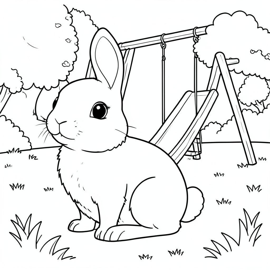solo, single subject, one head, two eyes, two ears, four legs, one tail, natural proportions, proper scale in environment, anatomically correct, rabbit, playground, swings, slide, grassy park, sunny, simple, clean, background, landscape, foliage, coloring page, line art, white background, solo, single subject, anatomically correct, perfect anatomy
