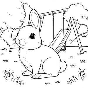 solo, single subject, one head, two eyes, two ears, four legs, one tail, natural proportions, proper scale in environment, anatomically correct, rabbit, playground, swings, slide, grassy park, sunny, simple, clean, background, landscape, foliage, coloring page, line art, white background, solo, single subject, anatomically correct, perfect anatomy