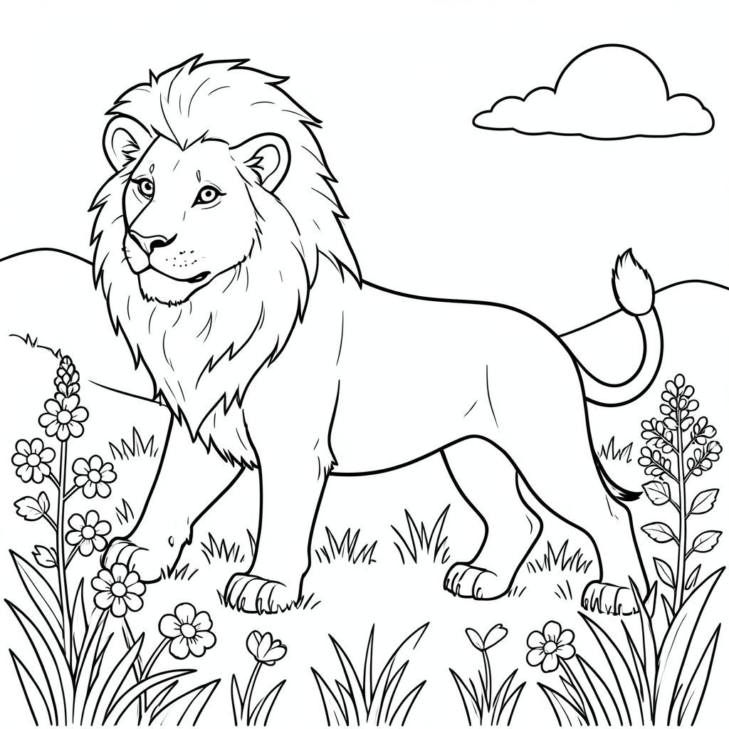 solo, single subject, one head, two eyes, two ears, four legs, one tail, natural proportions, proper scale in environment, anatomically correct, lion, Wildflowers, sunny, clear sky, field, stretching, simple, clean, background, landscape, grass, coloring page, line art, white background, solo, single subject, anatomically correct, perfect anatomy