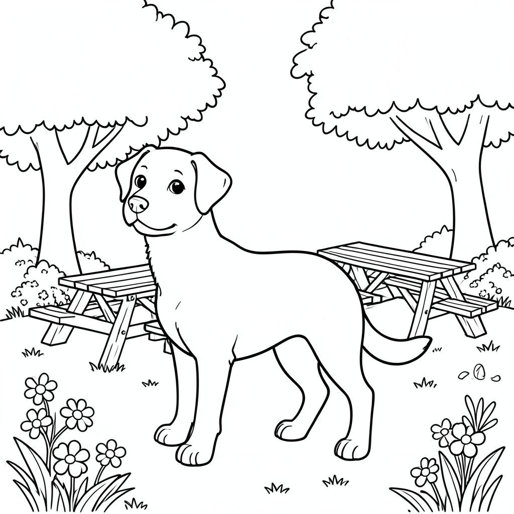 solo, single subject, one head, two eyes, two ears, four legs, one tail, natural proportions, proper scale in environment, anatomically correct, dog, park, picnic, tables, shade trees, grass, flowers, simple, clean, background, outdoor, coloring page, line art, white background, solo, single subject, anatomically correct, perfect anatomy