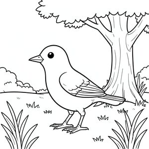 solo, single bird, one head, two eyes, one beak, two wings, two legs, one tail, natural proportions, proper scale in environment, anatomically correct, bird, meadow, oak tree, shade, simple background, clean, storybook, pure, no fills, coloring page, line art, white background, solo, single subject, anatomically correct, perfect anatomy