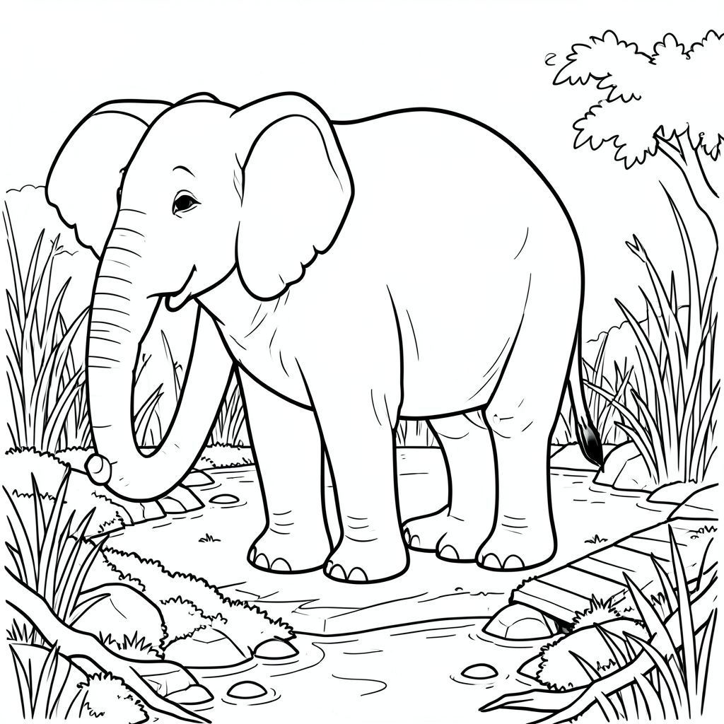 solo, single elephant, one head, two eyes, two large ears, one trunk, four legs, one tail, feet on solid ground, natural proportions, proper scale in environment, anatomically correct, elephant, Marsh, wetland, boardwalk, path, stone, roots, moss, water, sunlight, clear, coloring page, line art, white background, solo, single subject, anatomically correct, perfect anatomy