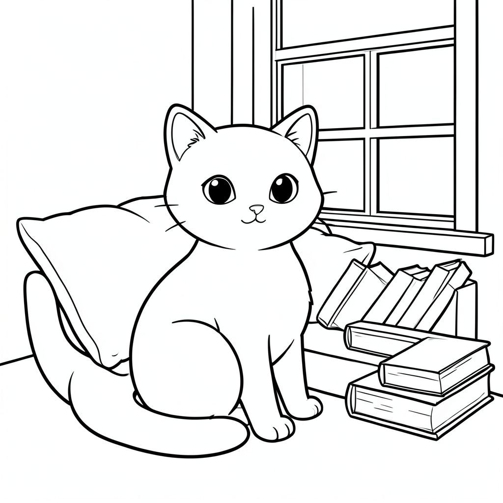 solo, single subject, one head, two eyes, two ears, four legs, one tail, natural proportions, proper scale in environment, anatomically correct, cat, window, cozy, reading nook, cushions, books, simple, clean, warm, soft, blurred, coloring page, line art, white background, solo, single subject, anatomically correct, perfect anatomy