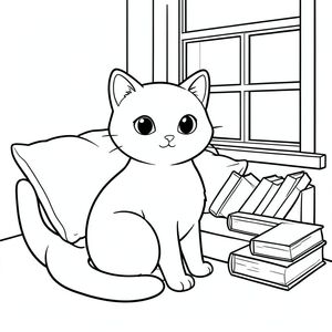 solo, single subject, one head, two eyes, two ears, four legs, one tail, natural proportions, proper scale in environment, anatomically correct, cat, window, cozy, reading nook, cushions, books, simple, clean, warm, soft, blurred, coloring page, line art, white background, solo, single subject, anatomically correct, perfect anatomy