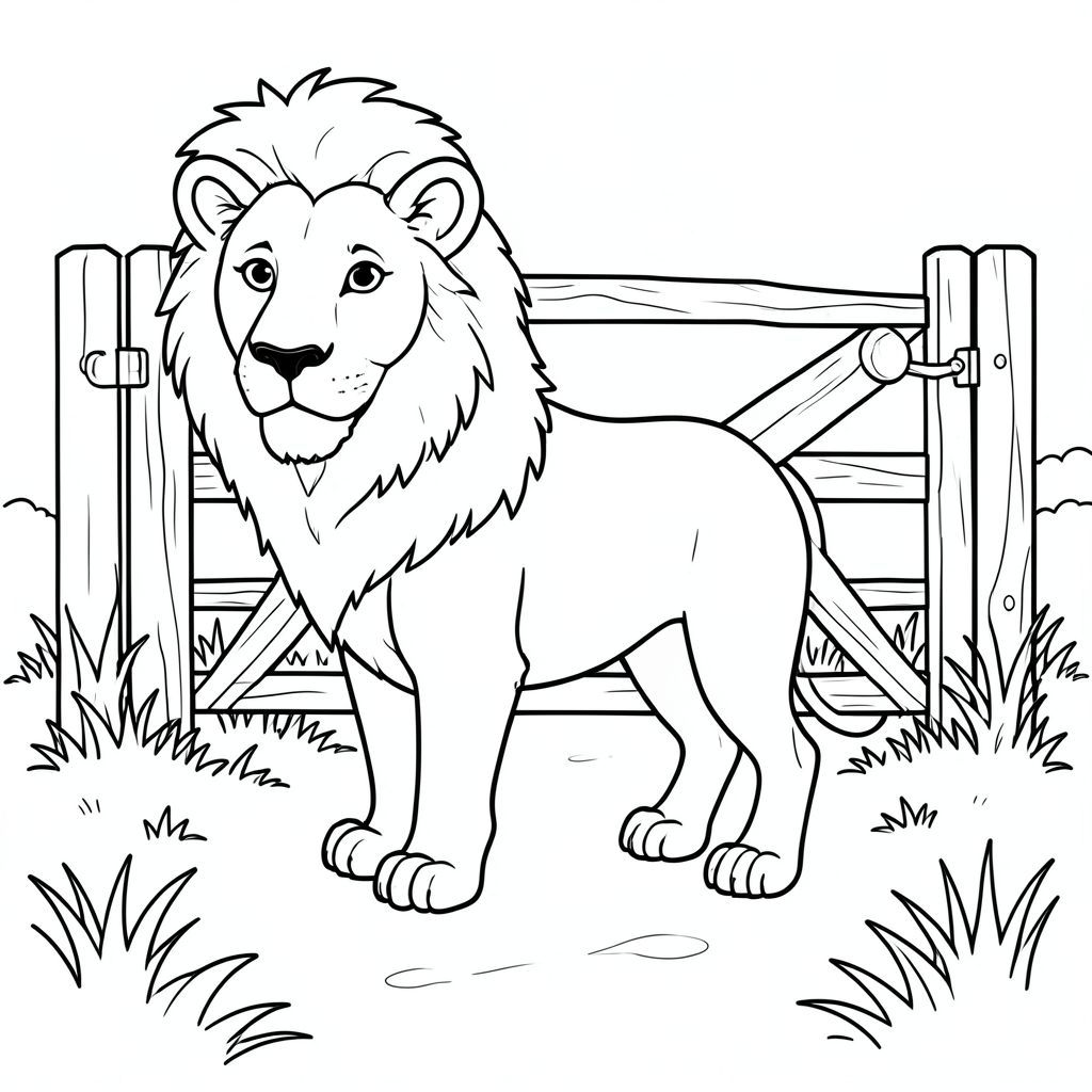 solo, chủ đề đơn, một đầu, hai mắt, hai tai, bốn chân, một đuôi, tỷ lệ tự nhiên, quy mô thích hợp trong môi trường, đúng giải phẫu, sư tử, cổng mộc mạc, khung gỗ, đường cỏ, nền đơn giản, lối đi bộ nông thôn, môi trường sạch sẽ, kích thước nhỏ, sách truyện, thuần khiết, tô màu, nghệ thuật đường, nền trắng, solo, chủ đề đơn, đúng giải phẫu, giải phẫu hoàn hảo