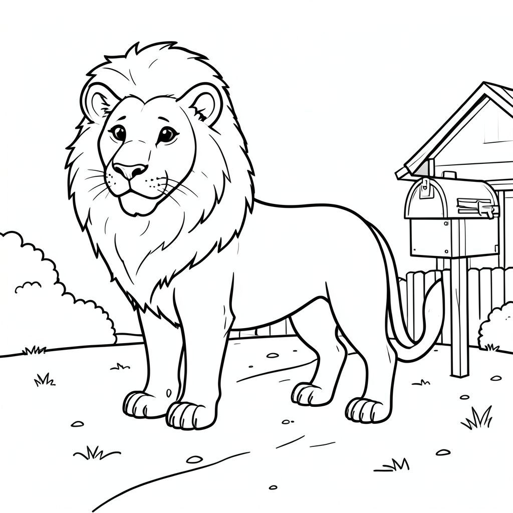 solo, chủ đề đơn, một đầu, hai mắt, hai tai, bốn chân, một đuôi, tỷ lệ tự nhiên, quy mô thích hợp trong môi trường, đúng giải phẫu, sư tử, Bụi bẩn, đường lái xe, hộp thư, nhỏ, nông thôn, đơn giản, sạch sẽ, lý lịch, cô đơn, riêng tư, tô màu, nghệ thuật đường, nền trắng, solo, chủ đề đơn, chính xác về mặt giải phẫu, giải phẫu hoàn hảo