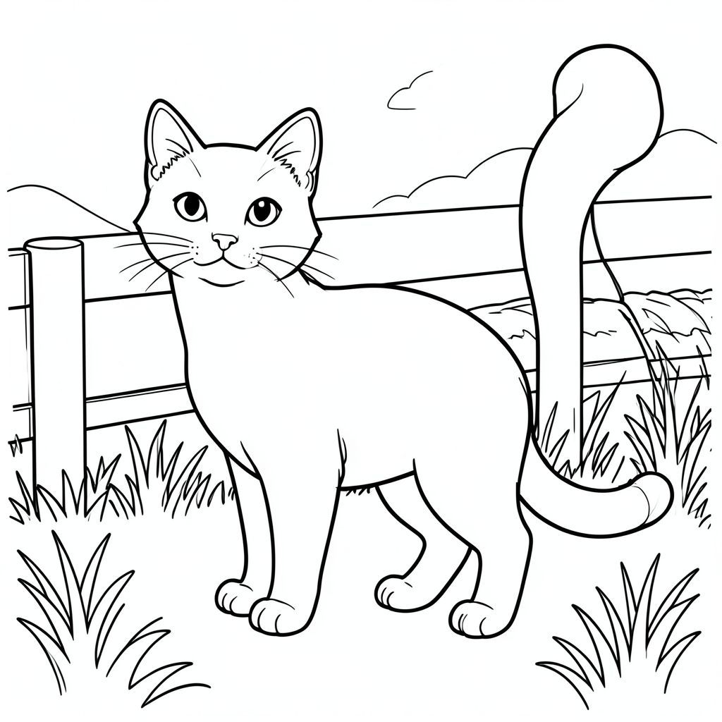 solo, chủ đề đơn, một đầu, hai mắt, hai tai, bốn chân, một đuôi, tỷ lệ tự nhiên, quy mô thích hợp trong môi trường, đúng giải phẫu, con mèo, Bãi cỏ, hàng rào, cỏ khô, cỏ, nền đơn giản, dọn dẹp, hình minh họa, khoa học, sách truyện, tinh khiết, trang màu, nghệ thuật đường, nền trắng, solo, chủ đề đơn, chính xác về mặt giải phẫu, giải phẫu hoàn hảo
