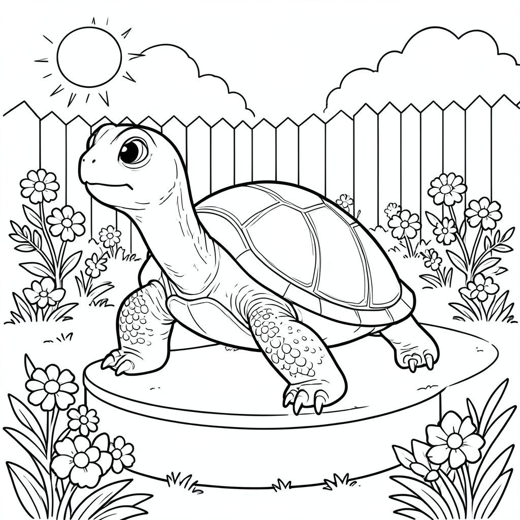 solo, rùa đơn, một đầu, hai mắt, bốn chân, một vỏ, một đuôi, bàn chân trên mặt đất vững chắc, tỷ lệ tự nhiên, quy mô thích hợp trong môi trường, đúng giải phẫu, rùa, vườn, sân sau, bệ, hoa, nắng, đơn giản, sạch sẽ, lý lịch, yên bình, thanh thản, trang tô màu, nghệ thuật đường, nền trắng, solo, chủ đề đơn, đúng giải phẫu, giải phẫu hoàn hảo