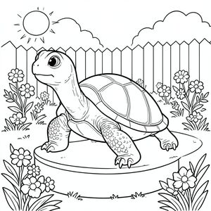 solo, rùa đơn, một đầu, hai mắt, bốn chân, một vỏ, một đuôi, bàn chân trên mặt đất vững chắc, tỷ lệ tự nhiên, quy mô thích hợp trong môi trường, đúng giải phẫu, rùa, vườn, sân sau, bệ, hoa, nắng, đơn giản, sạch sẽ, lý lịch, yên bình, thanh thản, trang tô màu, nghệ thuật đường, nền trắng, solo, chủ đề đơn, đúng giải phẫu, giải phẫu hoàn hảo