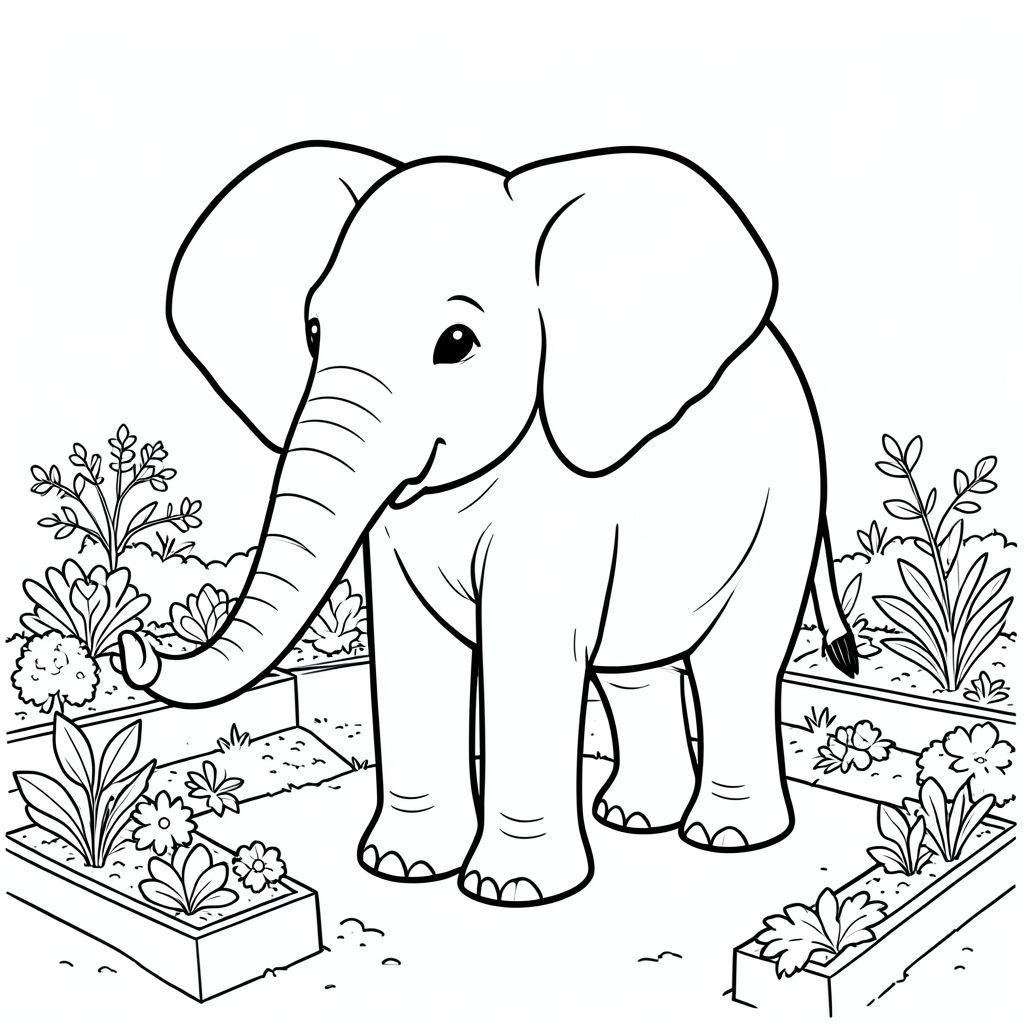 Độc lập, một con voi, một đầu, hai mắt, hai tai lớn, một thân cây, bốn chân, một đuôi, bàn chân trên mặt đất vững chắc, tỷ lệ tự nhiên, quy mô thích hợp trong môi trường, đúng giải phẫu, voi, vườn, giường nâng, rau, đất, ánh sáng mặt trời, tươi tốt, đơn giản, sạch sẽ, yên bình, yên tĩnh, tô màu, nghệ thuật đường, nền trắng, solo, chủ đề đơn, đúng giải phẫu, giải phẫu hoàn hảo