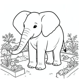 Độc lập, một con voi, một đầu, hai mắt, hai tai lớn, một thân cây, bốn chân, một đuôi, bàn chân trên mặt đất vững chắc, tỷ lệ tự nhiên, quy mô thích hợp trong môi trường, đúng giải phẫu, voi, vườn, giường nâng, rau, đất, ánh sáng mặt trời, tươi tốt, đơn giản, sạch sẽ, yên bình, yên tĩnh, tô màu, nghệ thuật đường, nền trắng, solo, chủ đề đơn, đúng giải phẫu, giải phẫu hoàn hảo