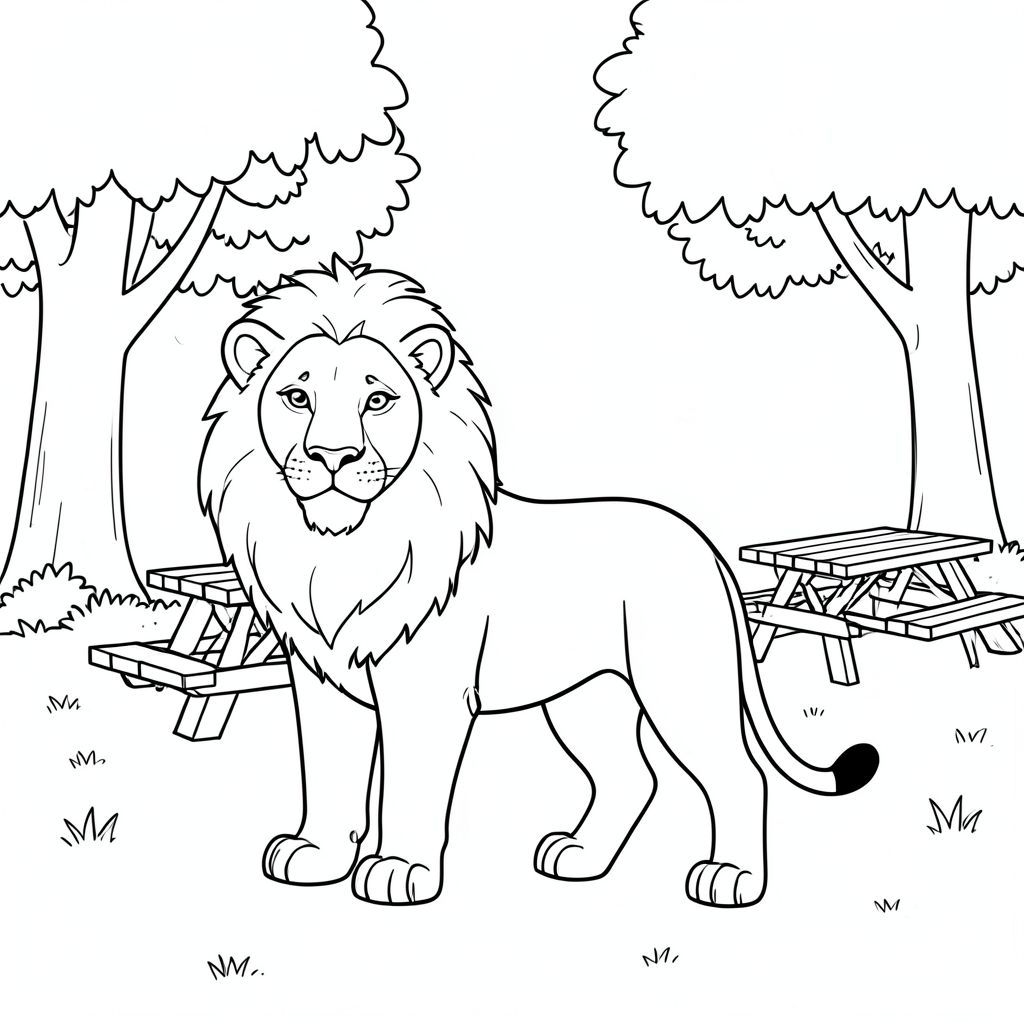 solo, chủ đề đơn, một đầu, hai mắt, hai tai, bốn chân, một đuôi, tỷ lệ tự nhiên, quy mô thích hợp trong môi trường, đúng giải phẫu, sư tử, công viên, cây, bóng râm, dã ngoại, bàn, bằng gỗ, đơn giản, dọn dẹp, lý lịch, cỏ, trang màu, nghệ thuật đường, nền trắng, solo, chủ đề đơn, đúng về mặt giải phẫu, giải phẫu hoàn hảo