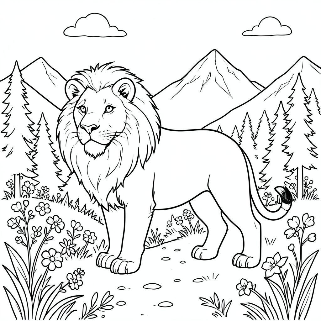 solo, chủ đề đơn, một đầu, hai mắt, hai tai, bốn chân, một đuôi, tỷ lệ tự nhiên, quy mô thích hợp trong môi trường, đúng giải phẫu, sư tử, Núi, đường mòn, hoa dại, đỉnh xa, rừng, ánh sáng mặt trời, bầu trời quang đãng, nền đơn giản, sạch sẽ, tuyến tính, trang màu, nghệ thuật đường, nền trắng, solo, chủ đề đơn, đúng về mặt giải phẫu, giải phẫu hoàn hảo