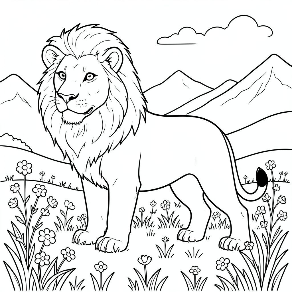 solo, chủ đề đơn, một đầu, hai mắt, hai tai, bốn chân, một đuôi, tỷ lệ tự nhiên, quy mô thích hợp trong môi trường, đúng giải phẫu, sư tử, đồng cỏ núi cao, hoa dại, hoa nhỏ, cỏ, nắng, bầu trời quang đãng, núi xa, đồi thoai thoải, nền đơn giản, dọn dẹp, trang màu, nghệ thuật đường, nền trắng, solo, chủ đề đơn, chính xác về mặt giải phẫu, giải phẫu hoàn hảo