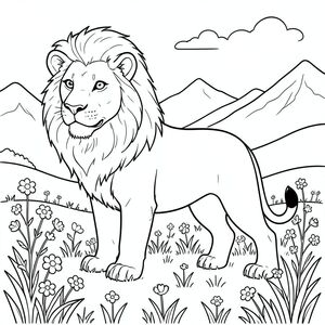 solo, chủ đề đơn, một đầu, hai mắt, hai tai, bốn chân, một đuôi, tỷ lệ tự nhiên, quy mô thích hợp trong môi trường, đúng giải phẫu, sư tử, đồng cỏ núi cao, hoa dại, hoa nhỏ, cỏ, nắng, bầu trời quang đãng, núi xa, đồi thoai thoải, nền đơn giản, dọn dẹp, trang màu, nghệ thuật đường, nền trắng, solo, chủ đề đơn, chính xác về mặt giải phẫu, giải phẫu hoàn hảo