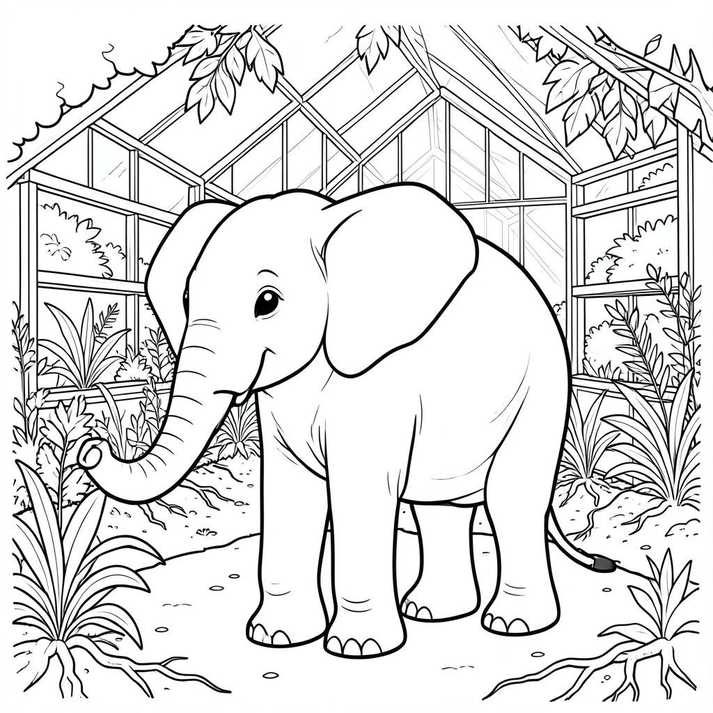 solo, một con voi, một đầu, hai mắt, hai tai lớn, một thân cây, bốn chân, một cái đuôi, bàn chân trên nền vững chắc, tỷ lệ tự nhiên, quy mô thích hợp trong môi trường, đúng về mặt giải phẫu, voi, Nhà kính, thực vật, tán lá, ánh sáng mặt trời, ly, Tường, kệ, đất, nước, rễ, trang màu, nghệ thuật đường, nền trắng, solo, chủ đề đơn, đúng về mặt giải phẫu, giải phẫu hoàn hảo