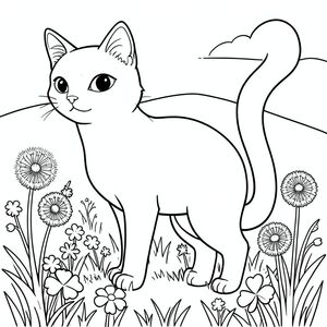 solo, chủ đề đơn, một đầu, hai mắt, hai tai, bốn chân, một đuôi, tỷ lệ tự nhiên, quy mô thích hợp trong môi trường, đúng giải phẫu, con mèo, đồng cỏ, hoa dại, bồ công anh, cỏ ba lá, cỏ, ánh sáng mặt trời, bầu trời quang đãng, bầu trời, nền đơn giản, dọn dẹp, tô màu, nghệ thuật đường, nền trắng, solo, chủ đề đơn, đúng giải phẫu, giải phẫu hoàn hảo